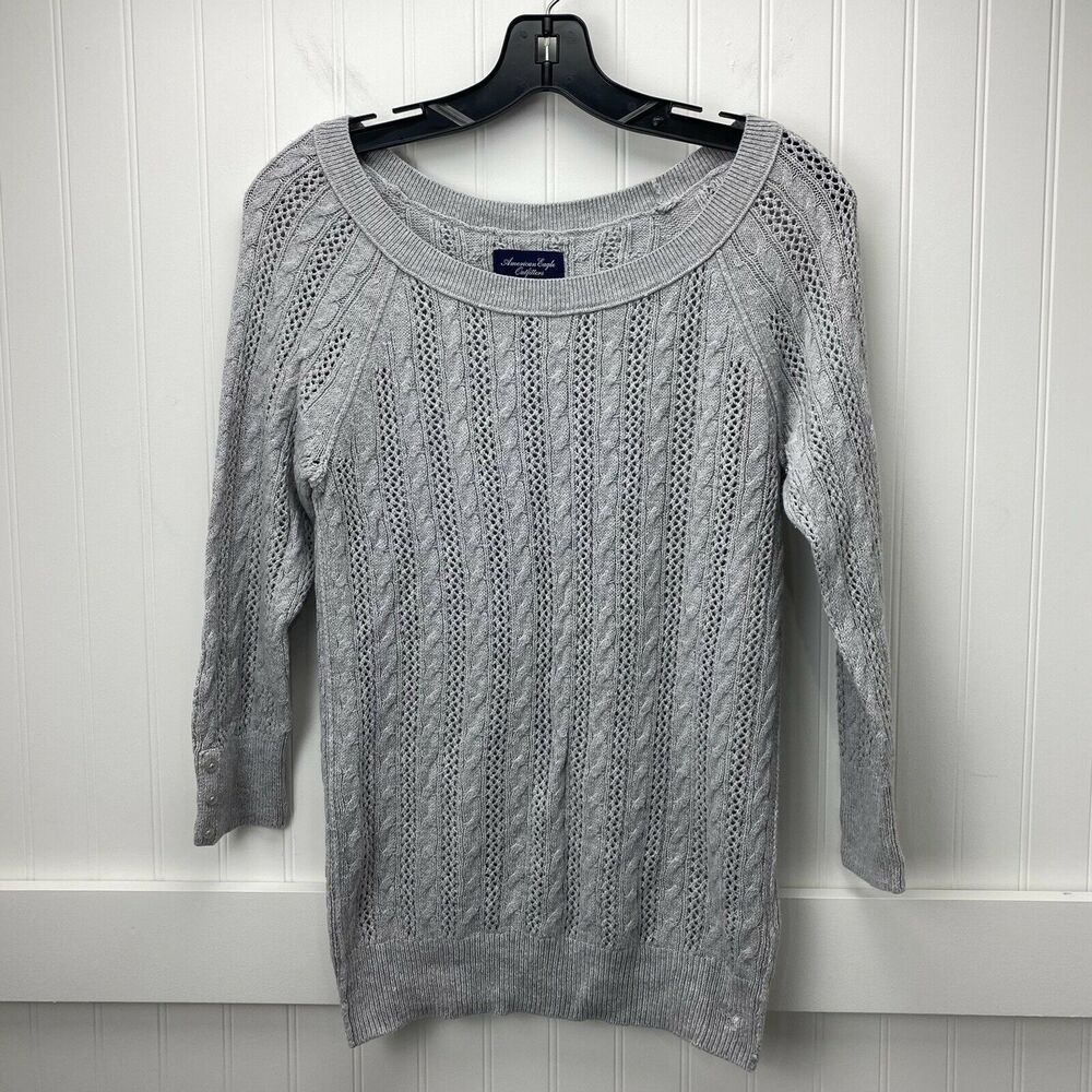 American Eagle Sweater Sz Medium Open Cable Knit Stretch Gray Long Sleeve Top